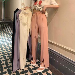 Drawstring Front-slit Wide Leg Pants