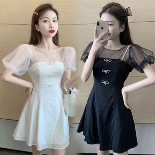 Balloon-sleeve Glitter Mesh Blouse / Rhinestone Strap Bow Pinafore Dress
