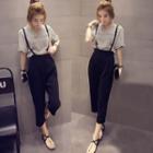 Set: Elbow-sleeve Frill Trim Striped Letter Top + Cropped Suspender Pants