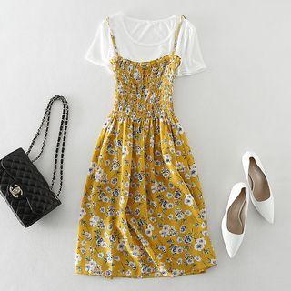Set: Short-sleeve T-shirt + Spaghetti Strap Floral Print Smocked Dress