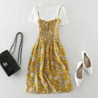 Set: Short-sleeve T-shirt + Spaghetti Strap Floral Print Smocked Dress