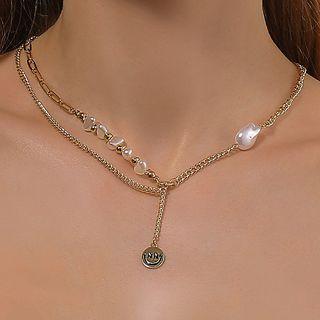 Faux Pearl Layered Necklace 01 - Gold - One Size