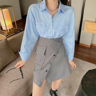 Long-sleeve Lettering Shirt / Asymmetrical High-waist Skirt