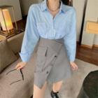 Long-sleeve Lettering Shirt / Asymmetrical High-waist Skirt
