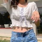 Drawstring Square-neck Short-sleeve Blouse