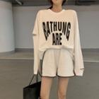 Long-sleeve Distressed Lettering T-shirt / Contrast Trim Shorts