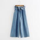Frilled Striped Wide-leg Washed Jeans