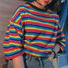 3/4-sleeve Rainbow Striped T-shirt Stripes - Multicolor - One Size