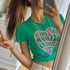 Lettuce-edge Heart-print Cropped T-shirt