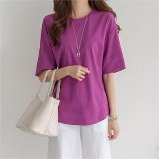 Elbow-sleeve Round-hem T-shirt