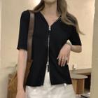 Short-sleeve Hooded Striped Knit Top
