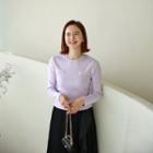 Metallic-button Contrast Scallop-trim Knit Top