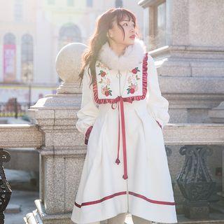 Floral Embroidered Frill Trim Zip Coatdress