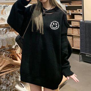Cold Shoulder Smiley Print Sweater Black - One Size