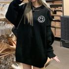 Cold Shoulder Smiley Print Sweater Black - One Size