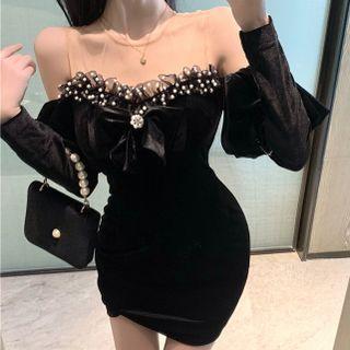 Long-sleeve Off-shoulder Mesh Panel Velvet Mini Sheath Dress