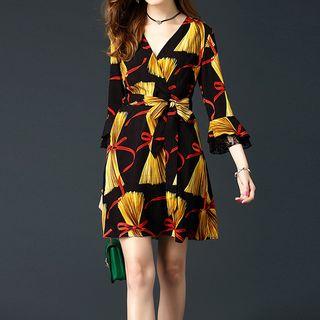 Printed V-neck Bell-sleeve A-line Dress