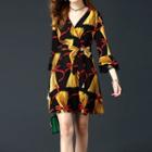 Printed V-neck Bell-sleeve A-line Dress