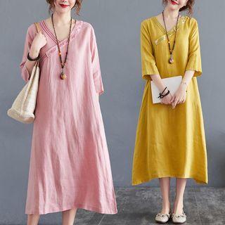 Elbow-sleeve Embroidered V-neck Midi Smock Dress