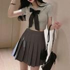 Short-sleeve Crop Polo Shirt / Bow Tie / Pleated A-line Skirt / Set