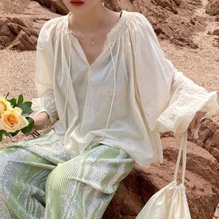 Long-sleeve Drawstring Loose Fit Plain Top / High-waist Pleated Pants