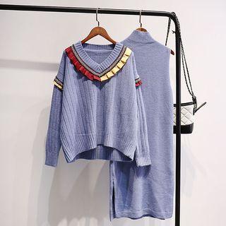 Set: Sleeveless Mock Neck Knit Dress + Frill Trim V-neck Sweater