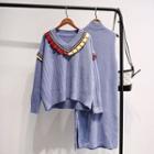 Set: Sleeveless Mock Neck Knit Dress + Frill Trim V-neck Sweater