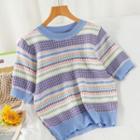 Short-sleeve Patterned Knit Top Blue - One Size