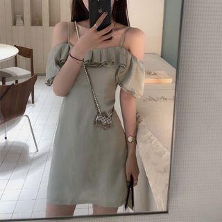 Off-shoulder Ruffle Trim Plain Dress