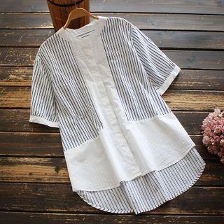 Short-sleeve Striped Panel Blouse Stripe - Blue - One Size