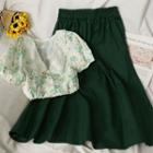 Set: Mesh-collar Embroidered Crop Shirt + Midi Skirt