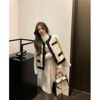 Long-sleeve Turtleneck Top / Contrast Trim Button Jacket / A-line Skirt