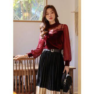 Laced Tulle-yoke Velvet Blouse