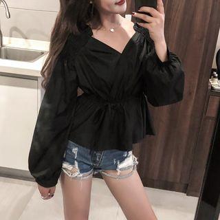 Puff-sleeve V-neck Chiffon Top