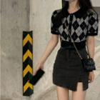 Short-sleeve Argyle Knit Top / Denim Mini Skirt