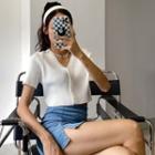 Short-sleeve V-neck Plain Single-breasted  Knit Top