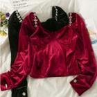 Rhinestone-accent Square-neck Velvet Crop Blouse