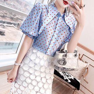 Set: Short-sleeve Dotted Chiffon Shirt + Embroidered A-line Midi Skirt