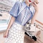 Set: Short-sleeve Dotted Chiffon Shirt + Embroidered A-line Midi Skirt