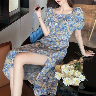 Slit Square-neck Floral Print Dress