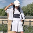 Set: Lettering Elbow-sleeve Hooded T-shirt + Contrast Trim Shorts