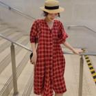 Elbow-sleeve Plaid Buttoned Tunic Dress