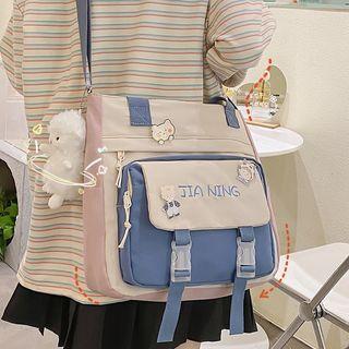 Set: Letter Embroidered Color Block Crossbody Bag + Bag Charm + Badge