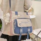 Set: Letter Embroidered Color Block Crossbody Bag + Bag Charm + Badge