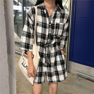 Plaid 3/4 Sleeve Collared Playsuit