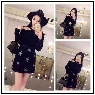 Set: Long-sleeve Halter Cut-out Top + Star Embroidered Mini A-line Skirt