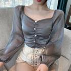 Long-sleeve Shirred Cropped Blouse Gray - One Size