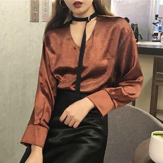 Plain V-neck Satin Long Sleeve Top