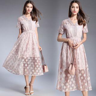 Set: Slipdress + Short-sleeve A-line Midi Lace Dress