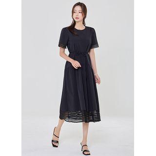 Sheer-trim Shirred Midi Dress With Sash